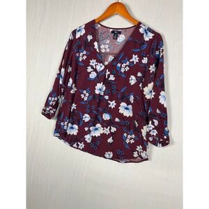 Gap Blouse Womens Medium Burgundy Floral V-Neck 3/4 Sleeve Rayon Boho Top